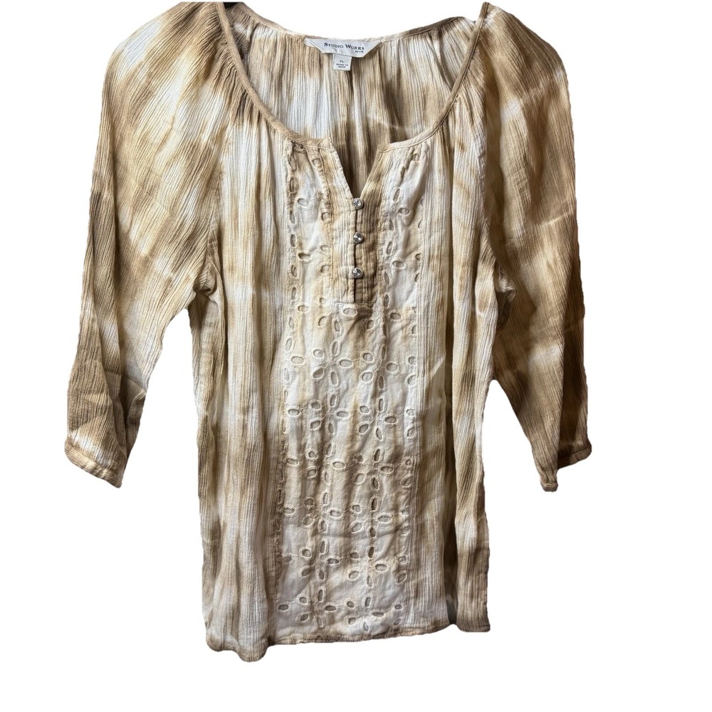 Studio Works Woman's Petite Size Large Blouse Tie Dye 3/4 Sleeve Eyelet Details